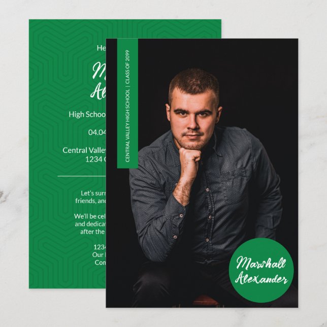 Green Geometric Graduation Photo Invitation (Front/Back)