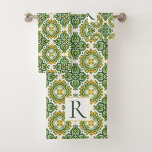 Green geometric Mediterranean tile monogram Bath Towel Set