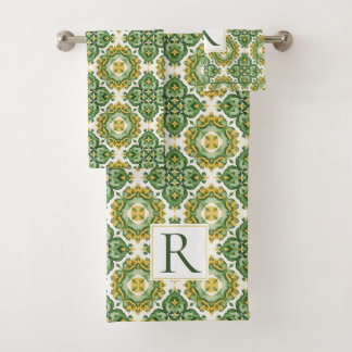 Green geometric Mediterranean tile monogram Bath Towel Set
