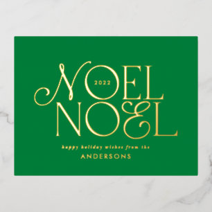 green geometric Noel script elegant modern  Foil Holiday Postcard