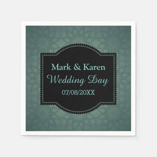 Green Geometric Pattern Custom Text Wedding Napkins (Front)