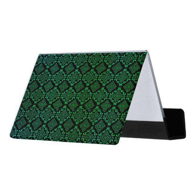 Green Geometric Pattern / Indian Print  Desk Business Card Holder (Angled Back)
