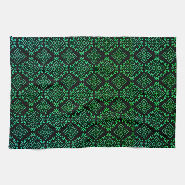 Green Geometric Pattern / Indian Print  Kitchen Towel (Horizontal)