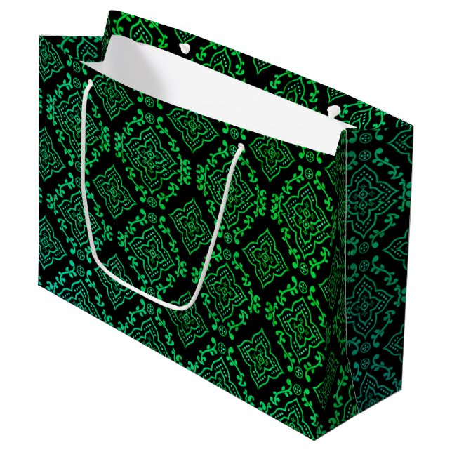 Green Geometric Pattern / Indian Print  Large Gift Bag (Front Angled)