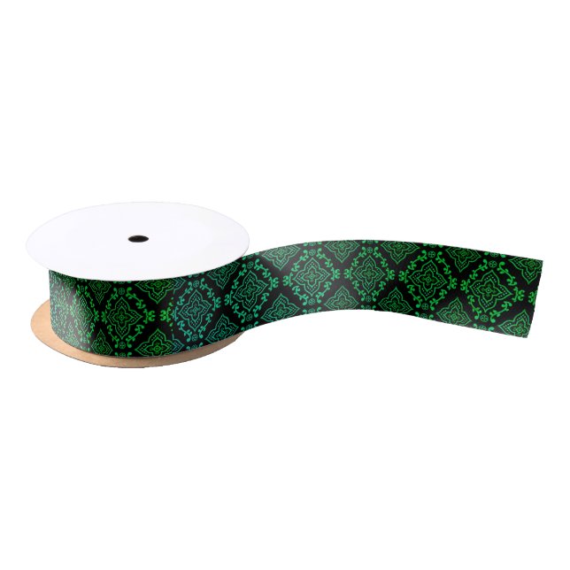 Green Geometric Pattern / Indian Print  Satin Ribbon (Spool)