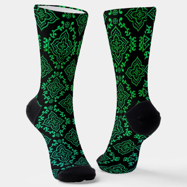 Green Geometric Pattern / Indian Print  Socks (Angled)
