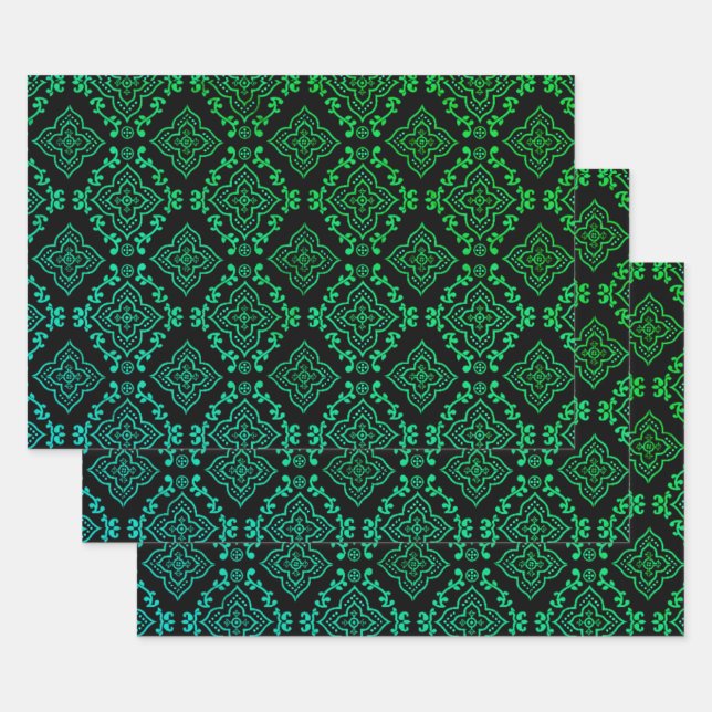 Green Geometric Pattern / Indian Print  Wrapping Paper Sheets (Set)