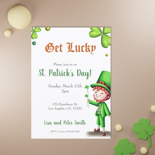 Green Get Lucky Clover Leprechaun St Patricks Day Invitation