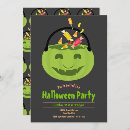 Green Ghoul Pail Candy Kids Halloween Party Invitation