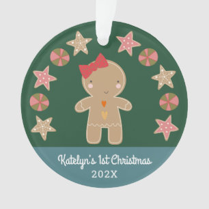 Green Gingerbread Baby Girl Photo First Christmas Ornament