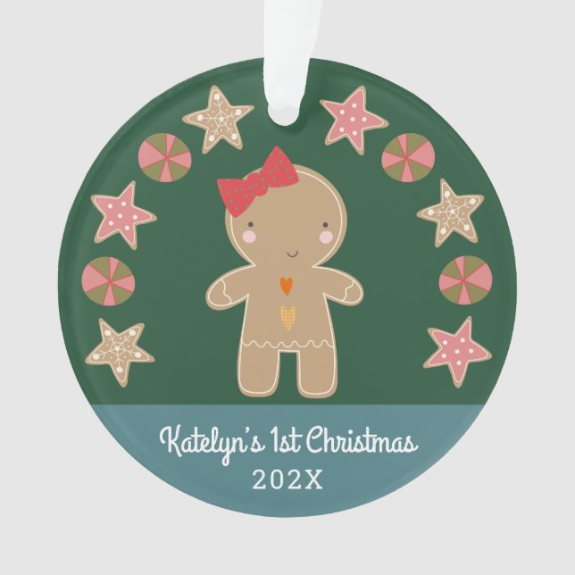 Green Gingerbread Baby Girl Photo First Christmas Ornament (Front)