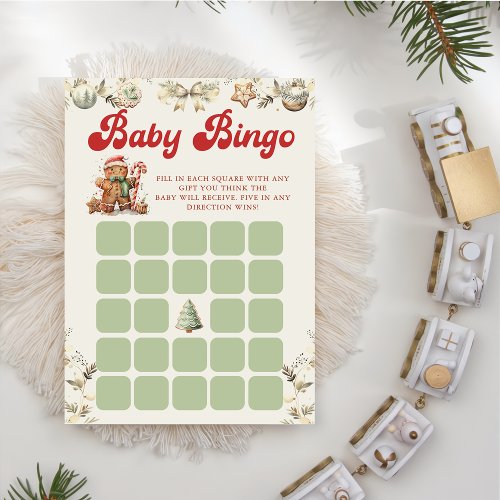 Green Gingerbread Christmas Baby Shower Bingo Game Invitation
