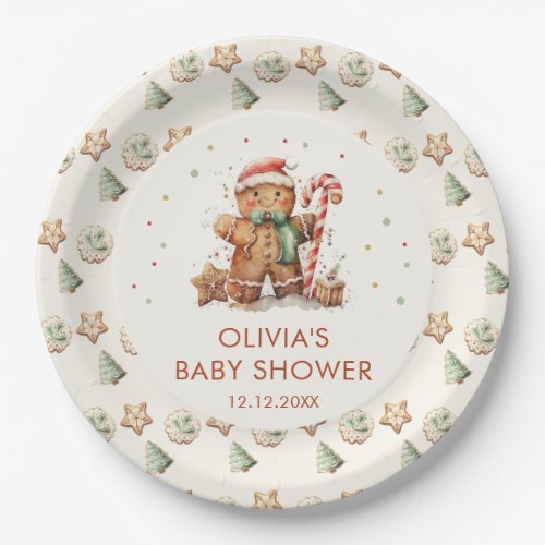 Green Gingerbread Christmas Santa Baby Shower Paper Plates