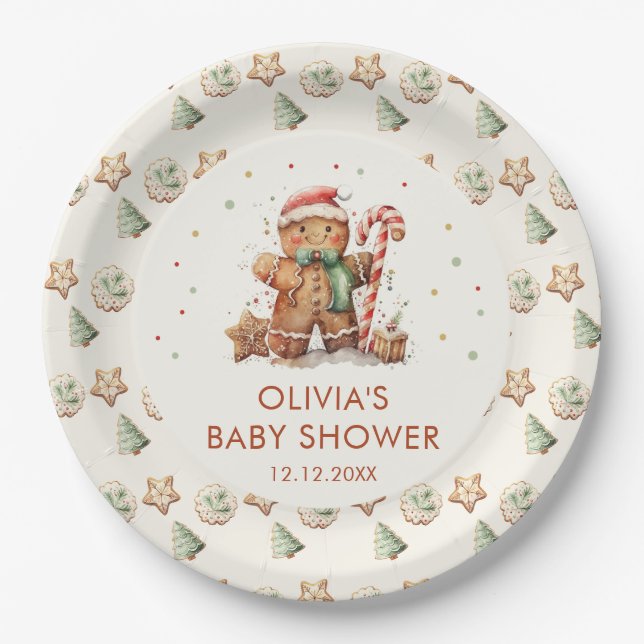 Green Gingerbread Christmas Santa Baby Shower Paper Plates (Front)