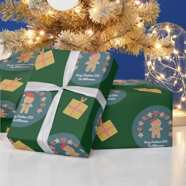Green Gingerbread Cookie Script Custom Name Cute Wrapping Paper (Holidays)