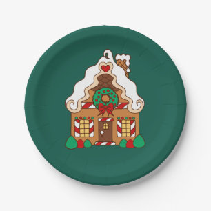 Green Gingerbread House Christmas Paper Plates