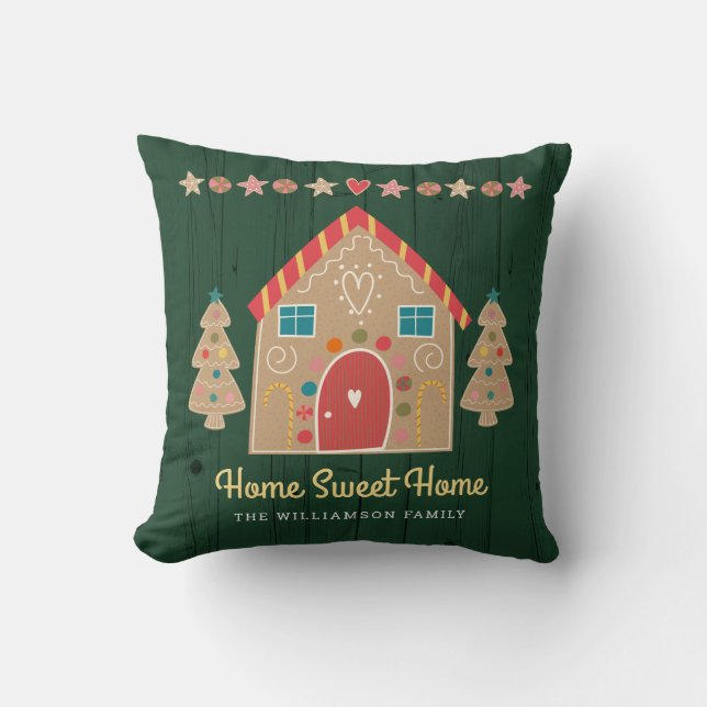 Green Gingerbread House Home Sweet Home Rustic  Throw Pillow (Front)