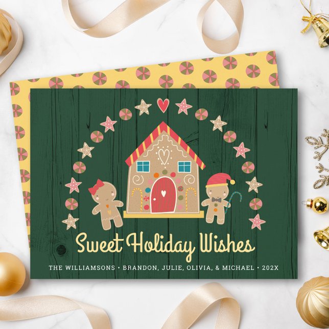 Green Gingerbread House Sweet Wishes Rustic Wood Holiday Card (Creator Uploaded)