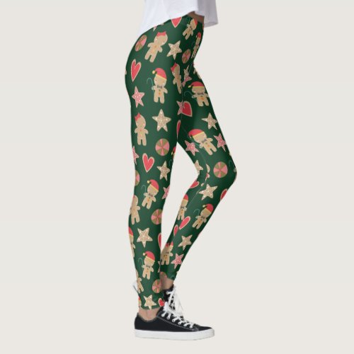 Green Gingerbread Man Cookie Hearts Stars Cute Leggings