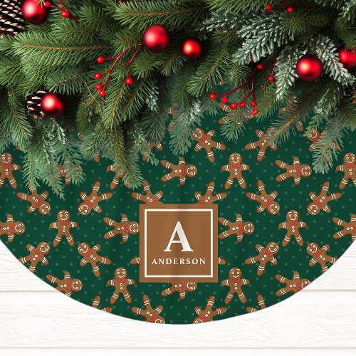 Green Gingerbread Man Monogram Christmas Brushed Polyester Tree Skirt