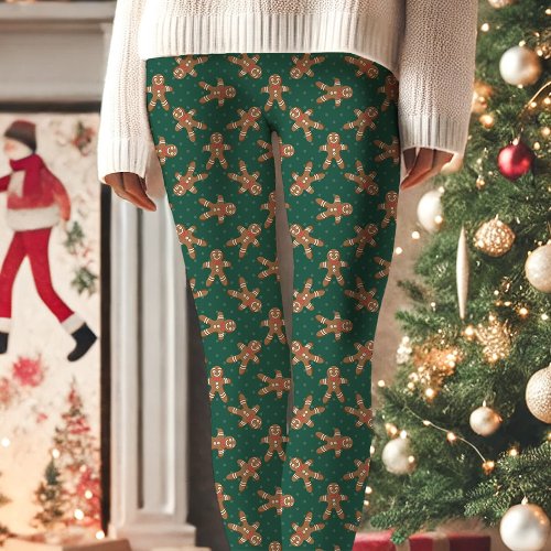 Green Gingerbread Man Polka Dot Christmas Leggings