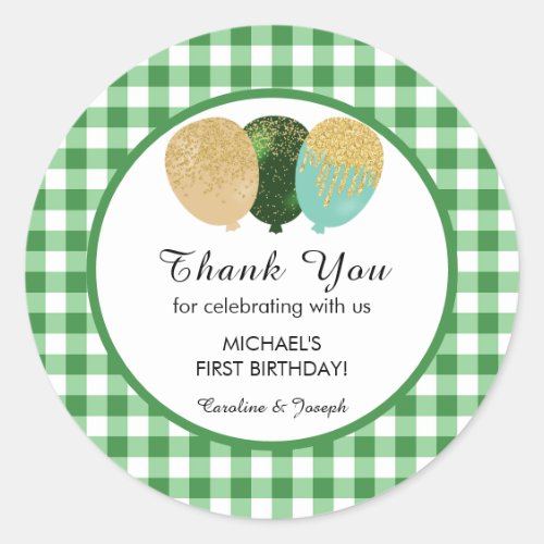 Green Gingham 1st Birthday Glitter Balloons Favor Classic Round Sticker