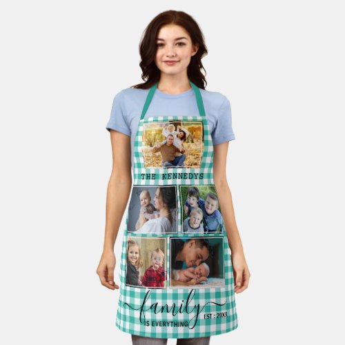 Green Gingham 5 Photo Collage Family Quote Name Apron