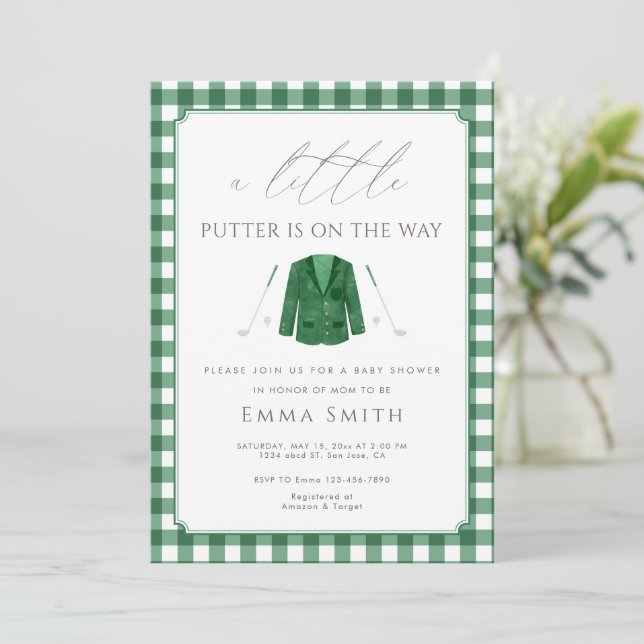 Green Gingham A Little Putter Golf Baby Shower Invitation (Standing Front)