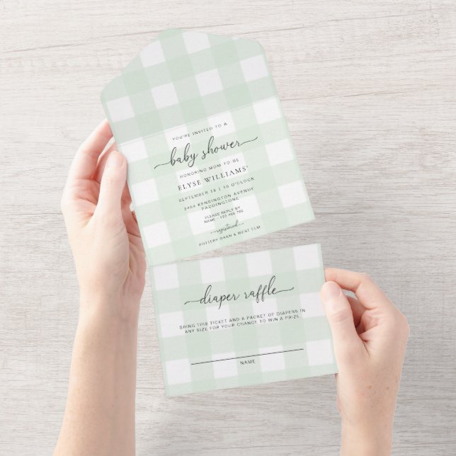 Green Gingham All In One baby Shower Invitation (Tearaway)