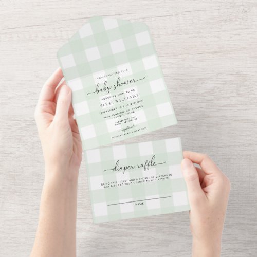 Green Gingham All In One baby Shower Invitation