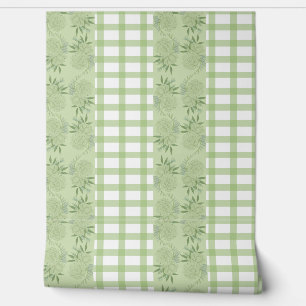 Green Gingham and Floral Motif Wallpaper Wallpaper