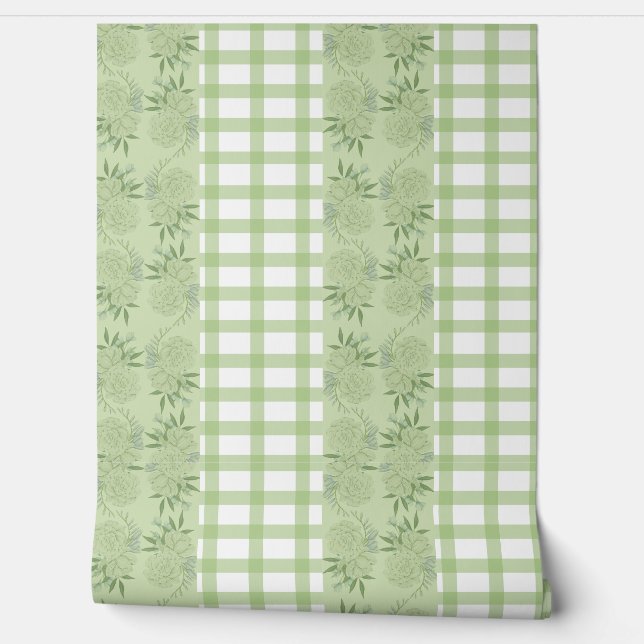 Green Gingham and Floral Motif Wallpaper Wallpaper (Unrolling)