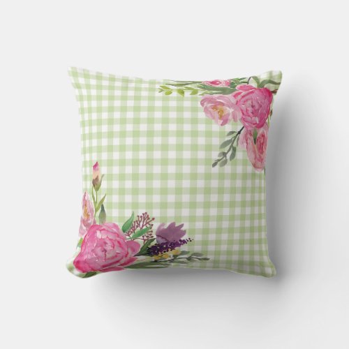 Green Gingham and Pink Peonies Outdoor Pillow