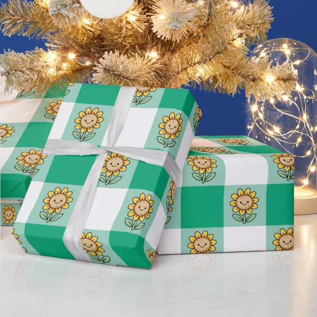Green Gingham and Yellow Sunflowers Wrapping Paper (Holidays)