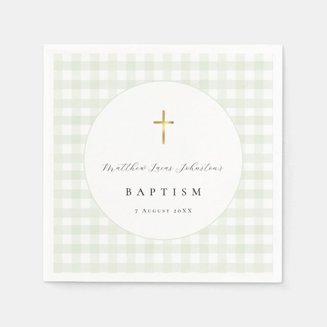 Green Gingham Baby Baptism Paper  Napkins (Front)