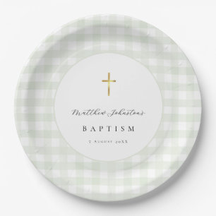 Green Gingham Baby Baptism Paper Plates