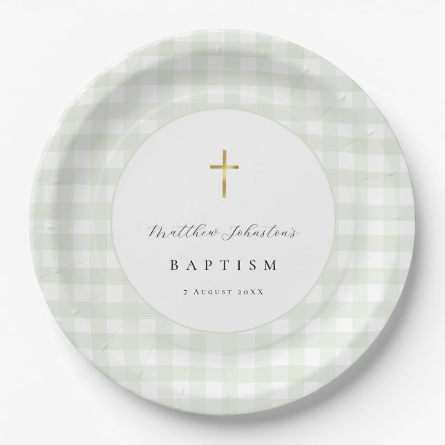 Green Gingham Baby Baptism Paper  Plates (Front)