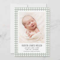 Green Gingham Baby Birth Announcement Photo Card