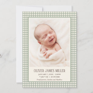Green Gingham Baby Birth Announcement Photo Card