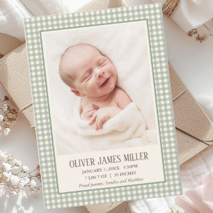 Green Gingham Baby Birth Announcement Photo Card
