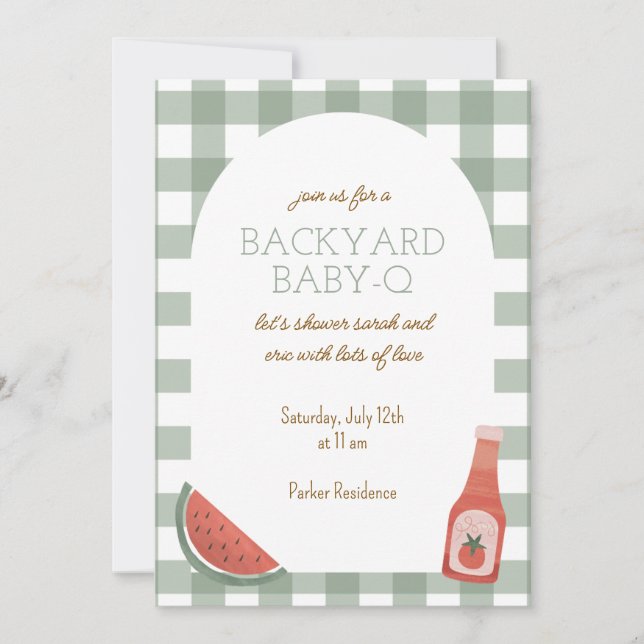 Green Gingham Baby-Q Baby Shower Invitation (Front)