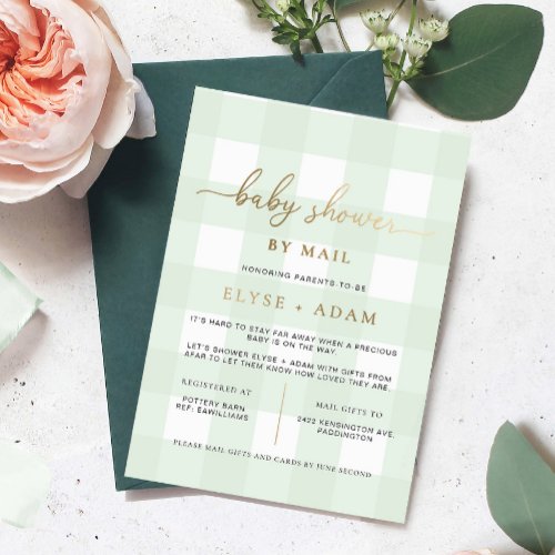 Green Gingham Baby Shower By Mail Foil Invitation