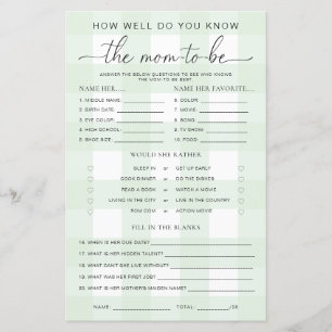 Green Gingham Baby Shower Know The Mom-to-be Game