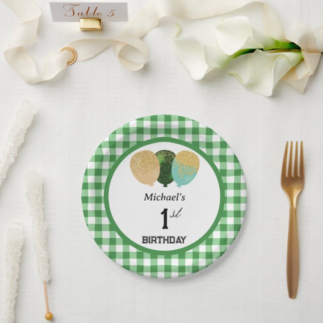 Green Gingham & Balloons 1st Birthday Paper Plates (Wedding)