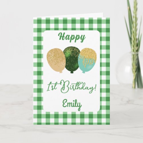 Green Gingham Balloons Kids Birthday Greeting Card
