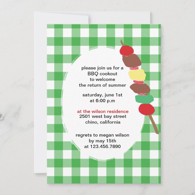 Green Gingham - bbq party invitations (Front)
