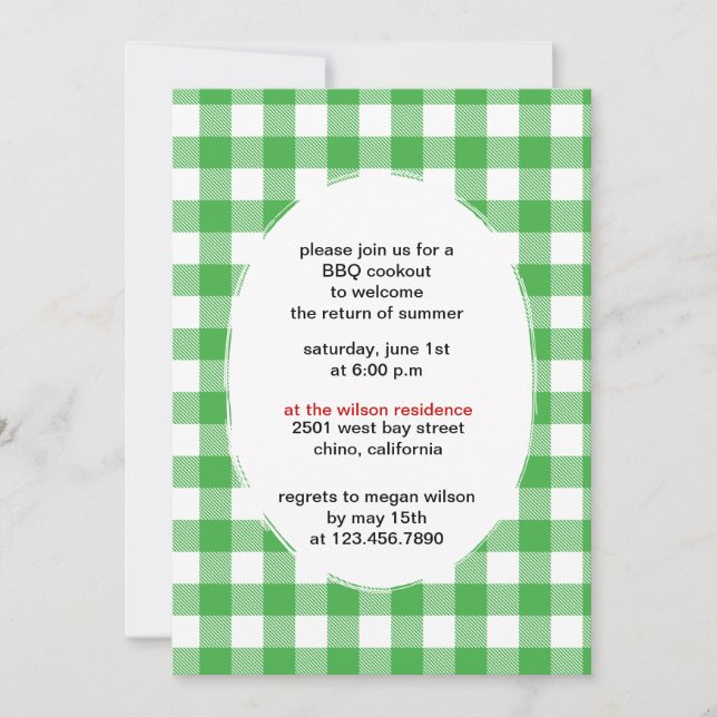 Green Gingham - bbq party invitations-CUSTOM Invitation (Front)