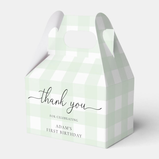 Green Gingham Birthday Thank You Favor Box (Front Side)