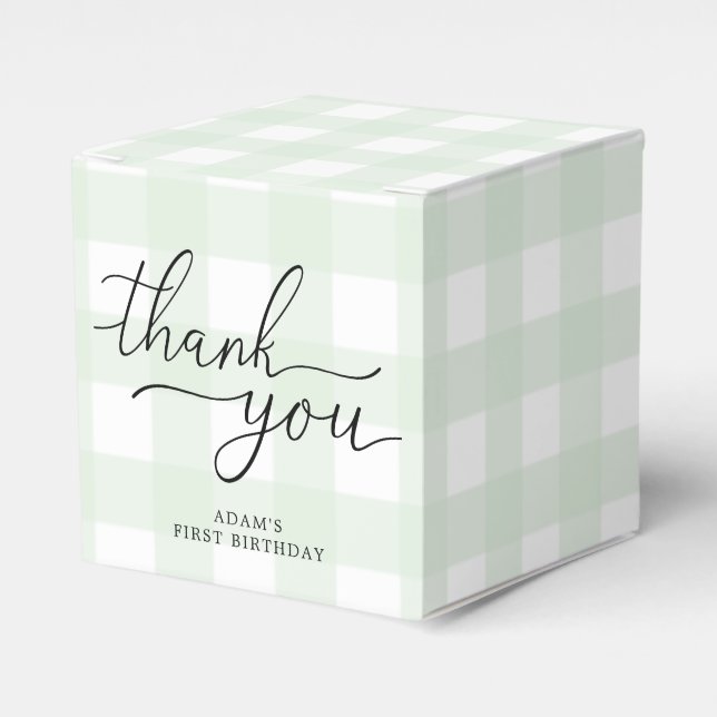 Green Gingham Birthday Thank You Favor Box (Front Side)