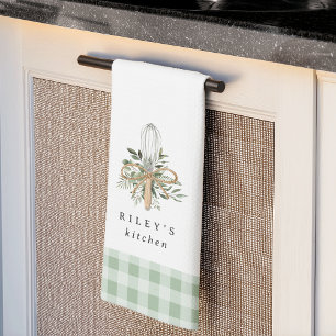 Green Gingham Botanical Whisk Personalized Kitchen Towel